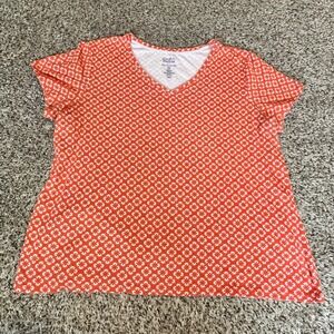 Croft & Barrow Orange White Geometric Floral V-Neck Cotton Classic Tee XXL